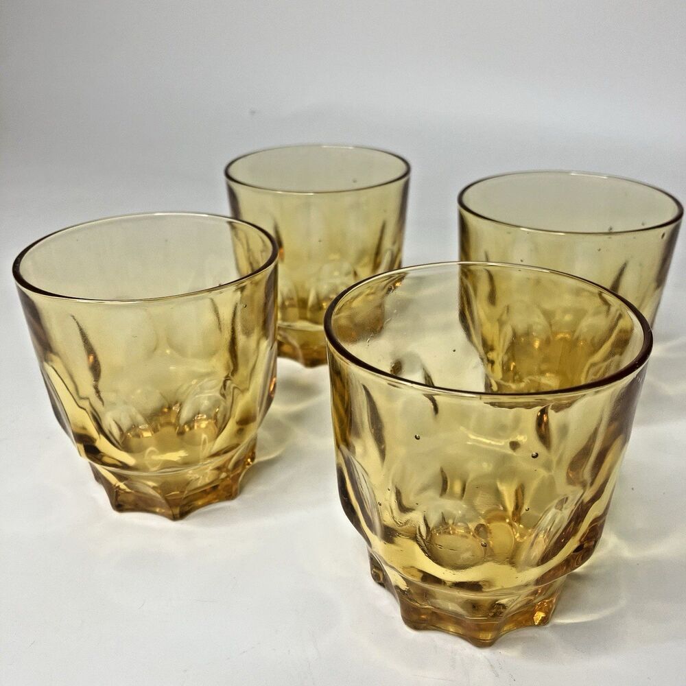 Amber Whiskey Juice Glasses Thumbprint  3 1/8 x 2 3/4 inches Set of 4 Vintage